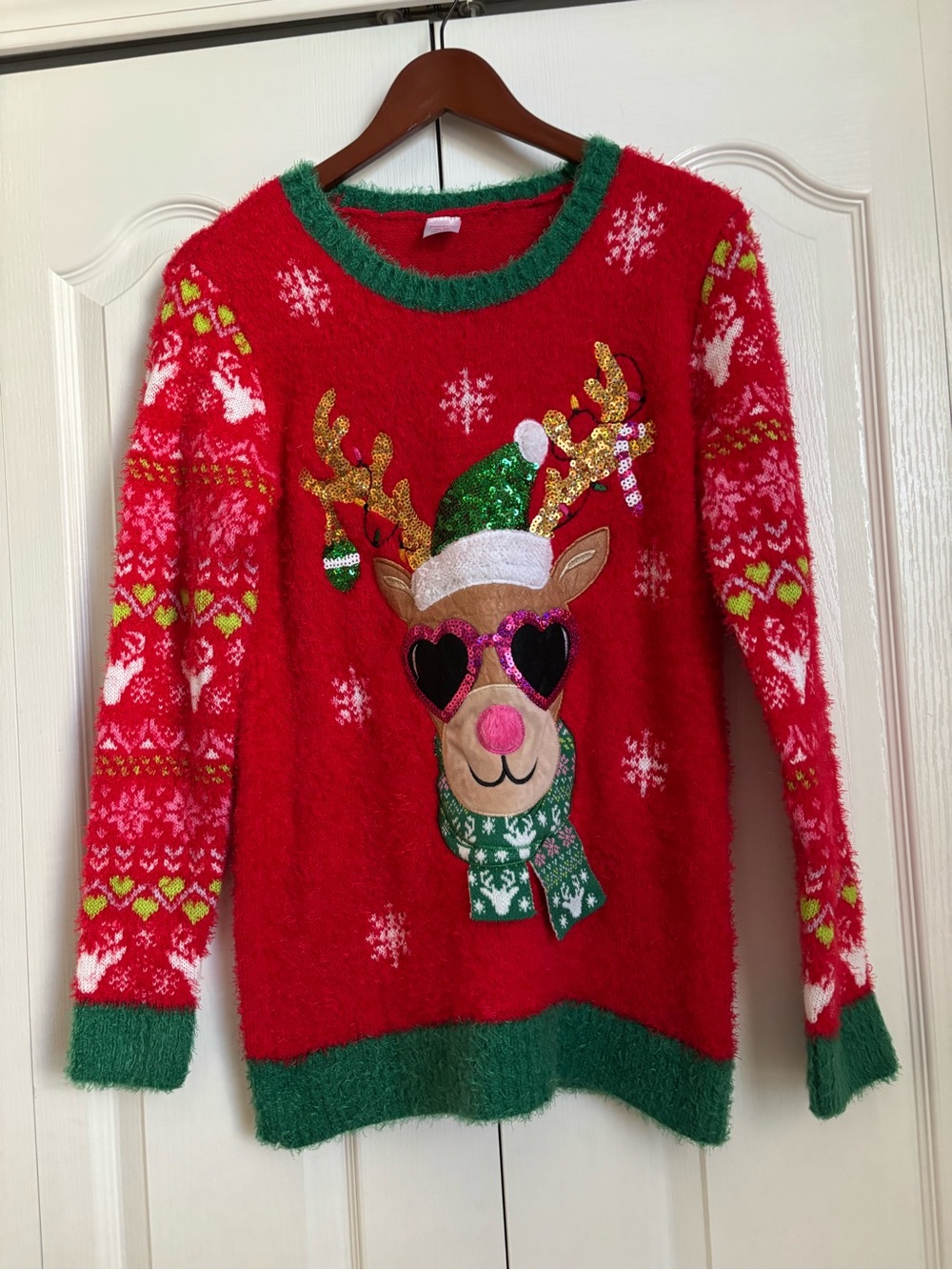 Holiday Time Red & Green Reindeer Sequin Holiday Sweater
